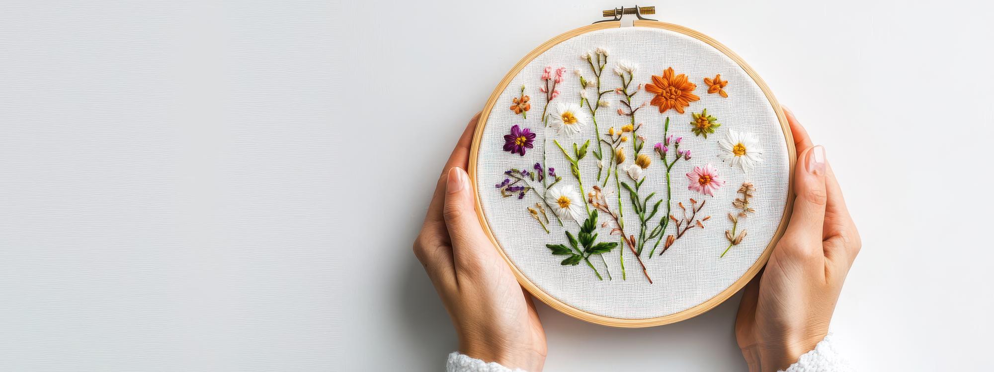 Mano che ricama un dettaglio floreale su tela naturale